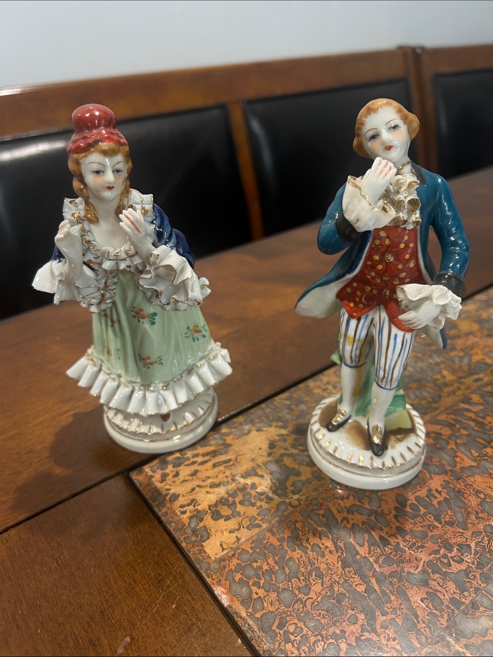 Porcelain Figurine Pair in Blue, Green and Red - Decorative Home Accent